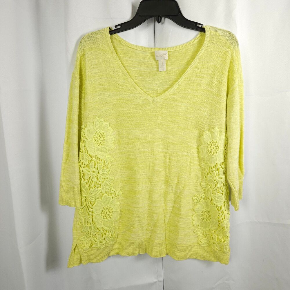 Chico's 1 Womens 8 Yellow V-Neck Floral Embroidered 3/4‎ Sleeve Pullover Sweater